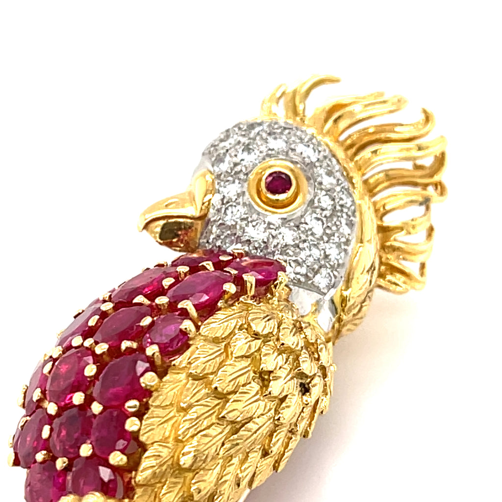 Sannit, Stein & Stein Vintage 18k Gold Cockatoo Brooch w/ 5.25ct Ruby, 0.65ct Diamond