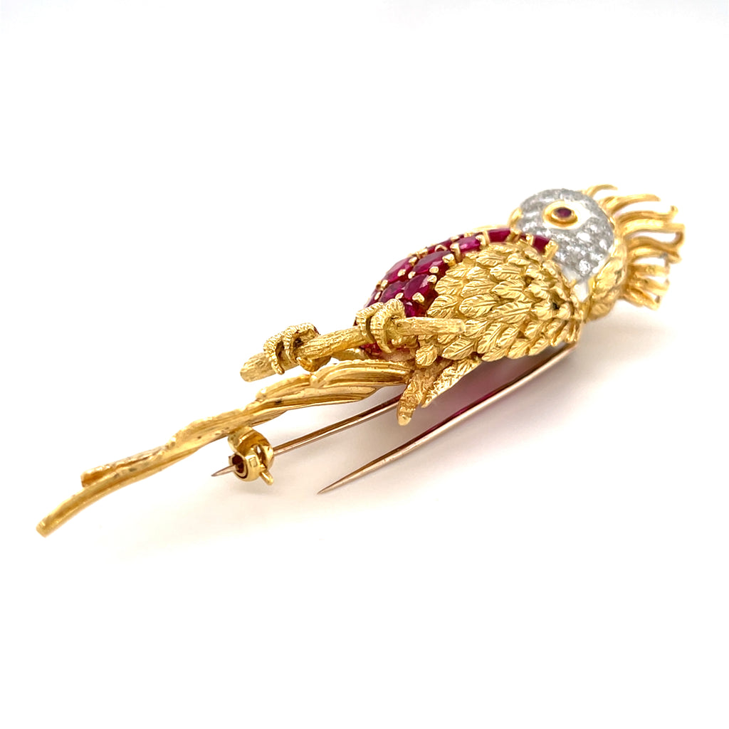 Sannit, Stein & Stein Vintage 18k Gold Cockatoo Brooch w/ 5.25ct Ruby, 0.65ct Diamond