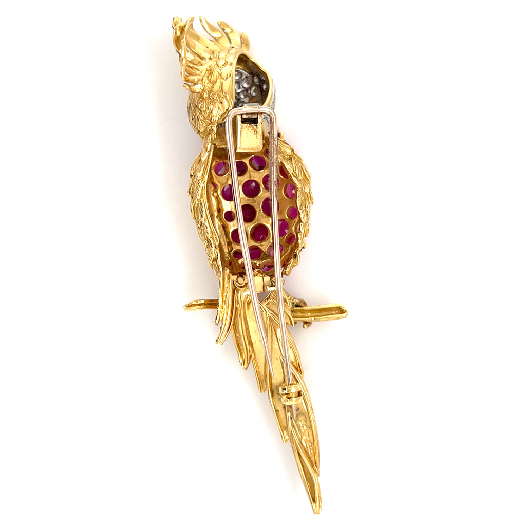 Sannit, Stein & Stein Vintage 18k Gold Cockatoo Brooch w/ 5.25ct Ruby, 0.65ct Diamond