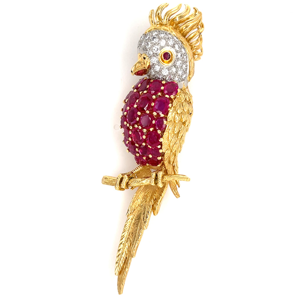 Sannit, Stein & Stein Vintage 18k Gold Cockatoo Brooch w/ 5.25ct Ruby, 0.65ct Diamond