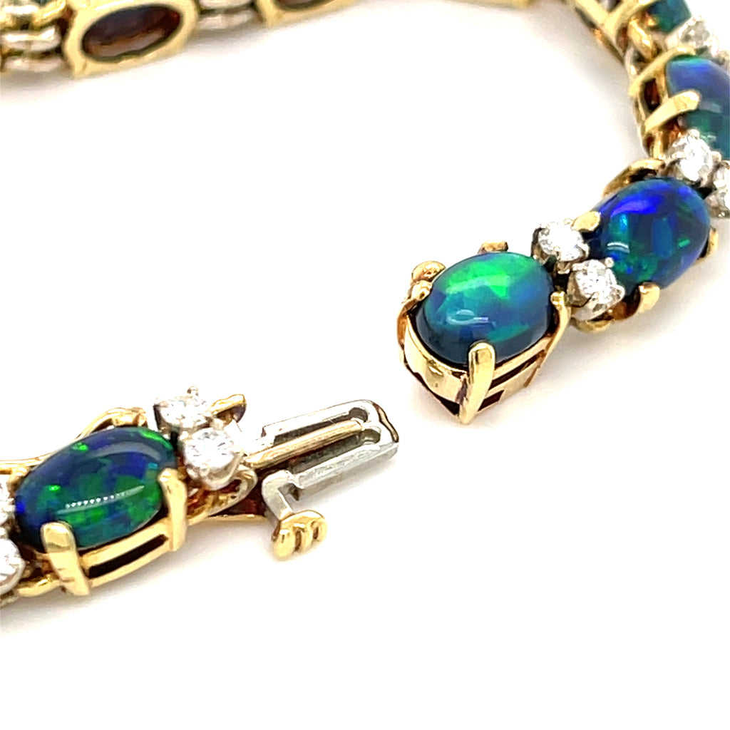 18k Gold & Black Opal Cabochon Link Bracelet w/ Diamond Accents, Size 6-5/8