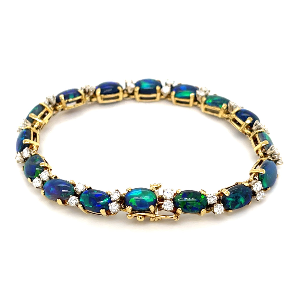 18k Gold & Black Opal Cabochon Link Bracelet w/ Diamond Accents, Size 6-5/8