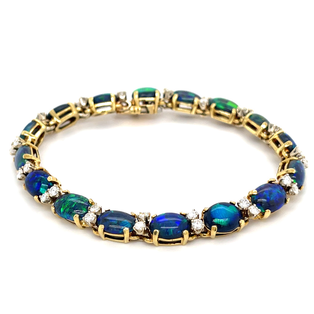 18k Gold & Black Opal Cabochon Link Bracelet w/ Diamond Accents, Size 6-5/8