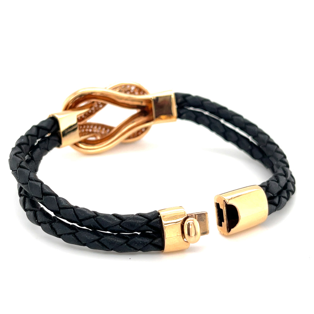 18k Rose Gold Square Knot Diamond Plaque Bracelet w/ Braided Leather Cords, Size 7.5