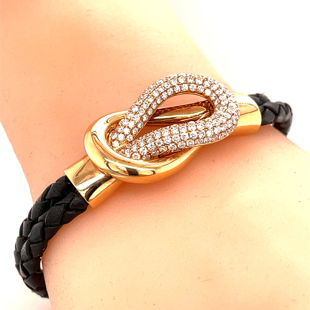 18k Rose Gold Square Knot Diamond Plaque Bracelet w/ Braided Leather Cords, Size 7.5