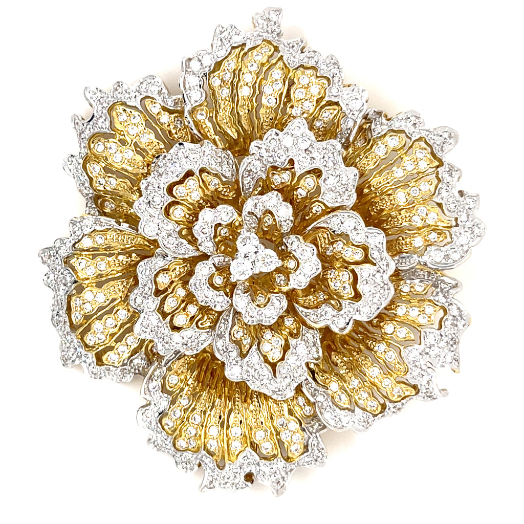 18k Two-Tone (White/Yellow) Gold & 4.15ct Diamonds Large Flower Brooch