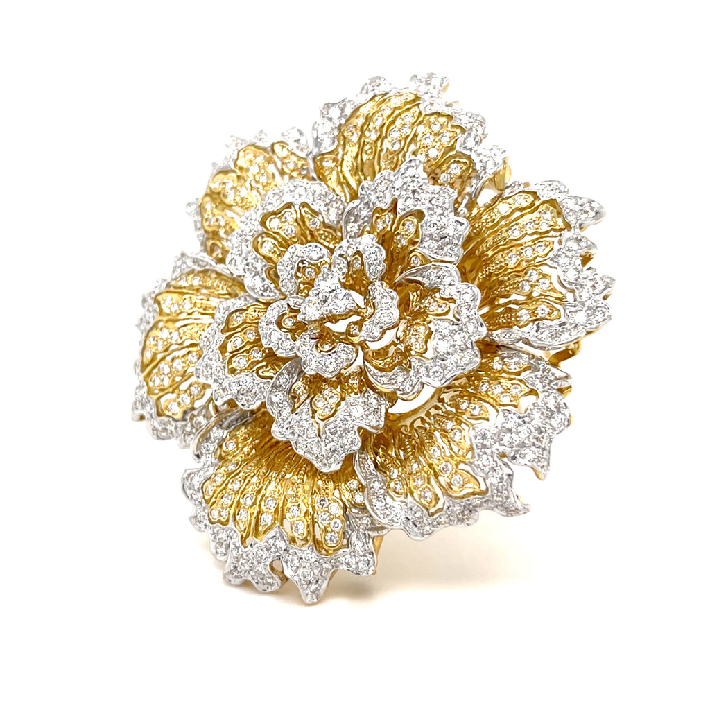 18k Two-Tone (White/Yellow) Gold & 4.15ct Diamonds Large Flower Brooch