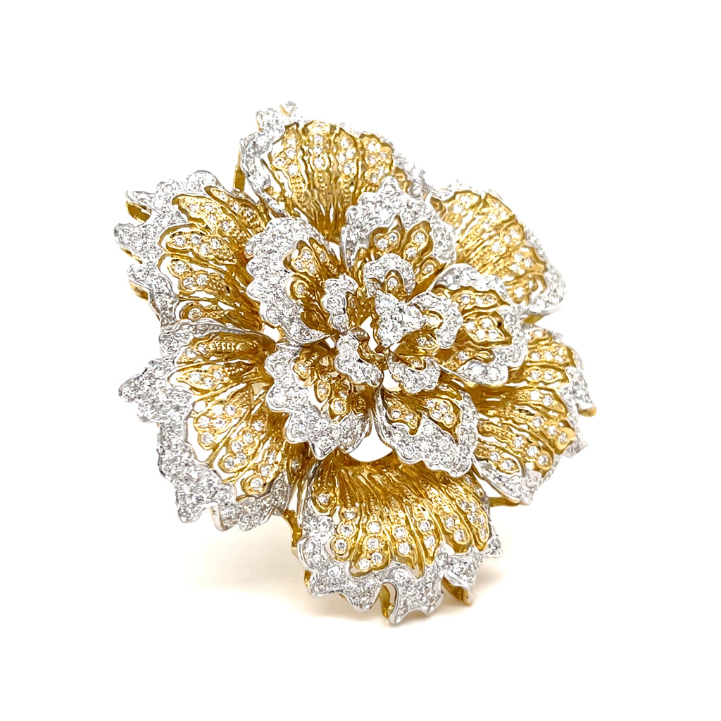 18k Two-Tone (White/Yellow) Gold & 4.15ct Diamonds Large Flower Brooch