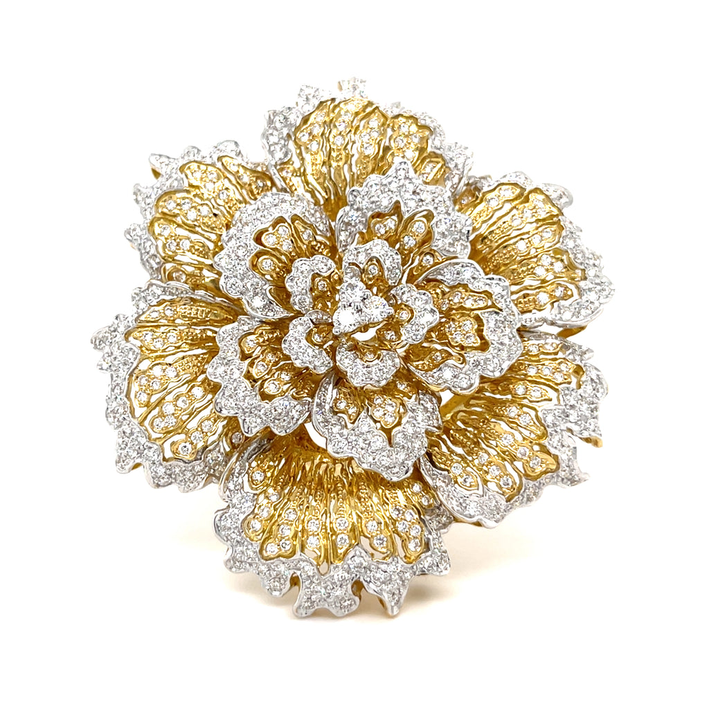 18k Two-Tone (White/Yellow) Gold & 4.15ct Diamonds Large Flower Brooch