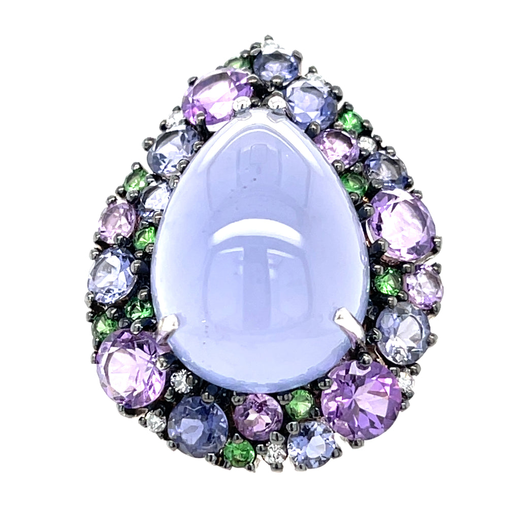 18k White Gold Pear Chalcedony Cabochon Ring w/ Cobblestone Gem Bezel, Size 6.75