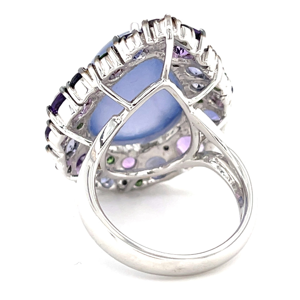 18k White Gold Pear Chalcedony Cabochon Ring w/ Cobblestone Gem Bezel, Size 6.75