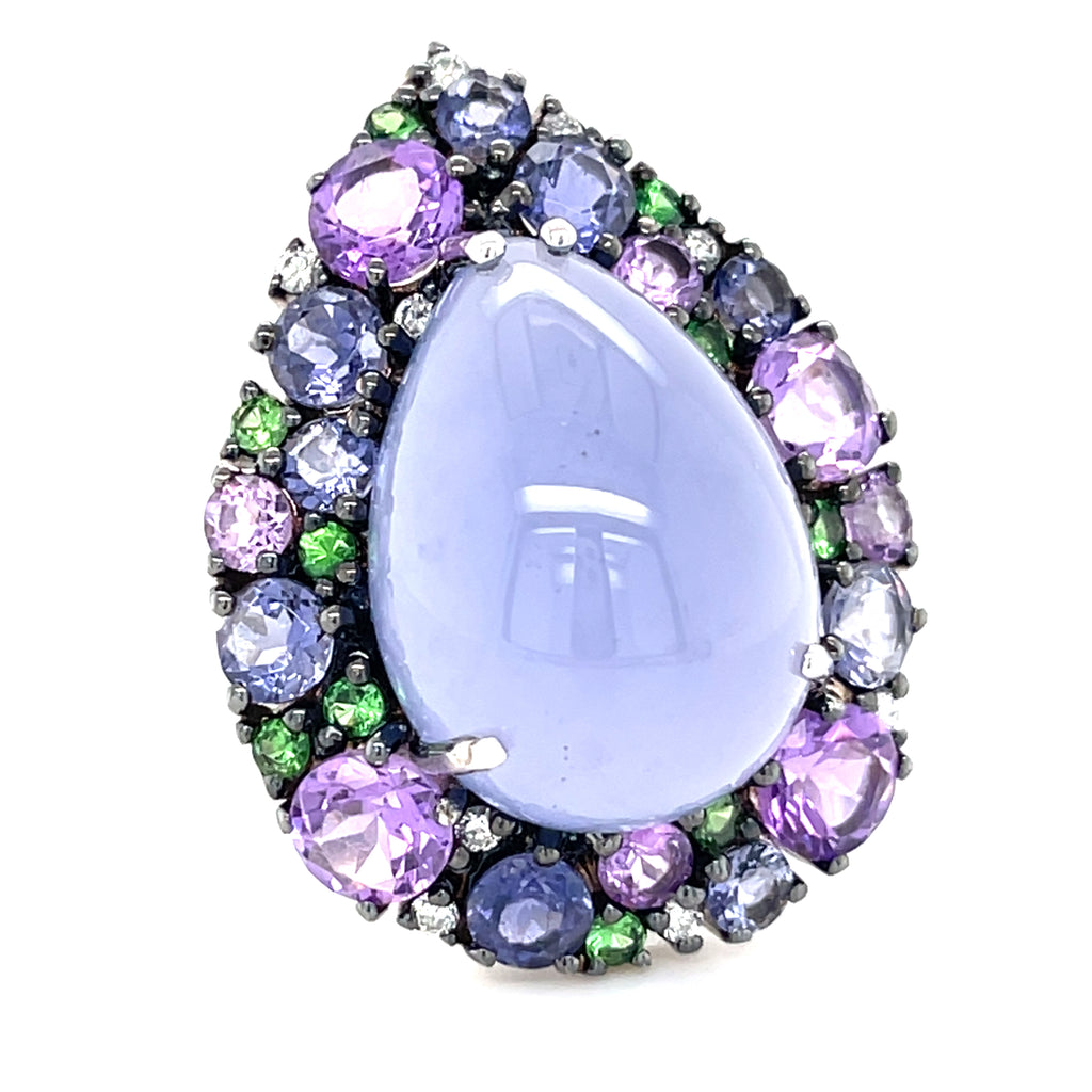 18k White Gold Pear Chalcedony Cabochon Ring w/ Cobblestone Gem Bezel, Size 6.75