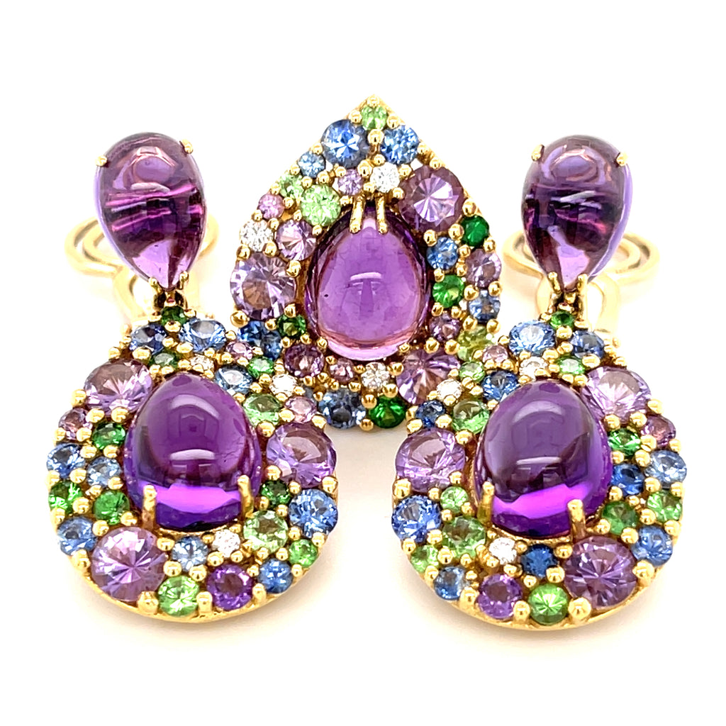 Roberto Casarin 18k Yellow Gold Multi-Gem Earring and Ring Set Size 7