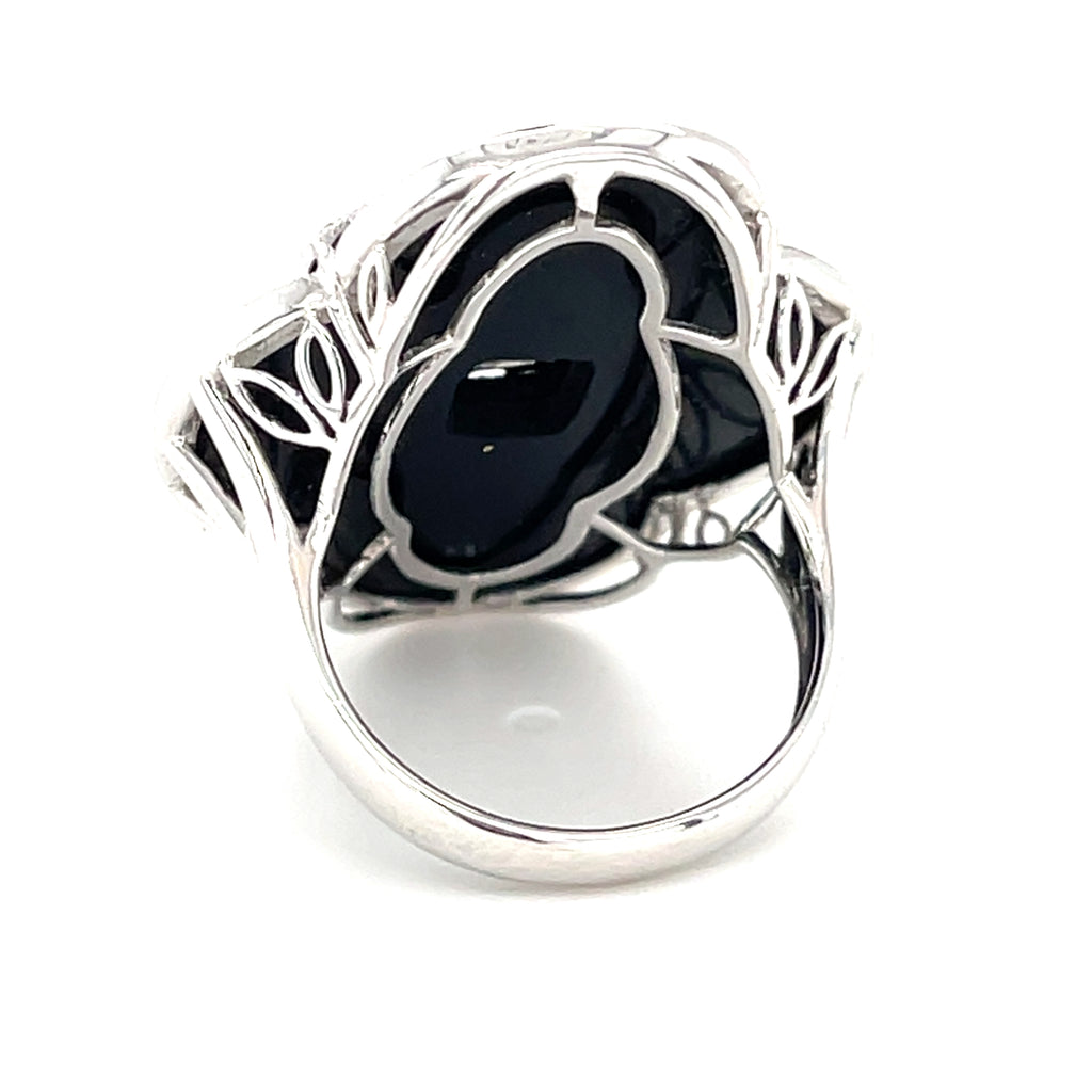 18k White Gold & Black Onyx Plaque Ring w/ 1.65ct Diamonds, Size 7