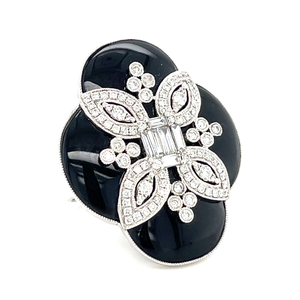 18k White Gold & Black Onyx Plaque Ring w/ 1.65ct Diamonds, Size 7