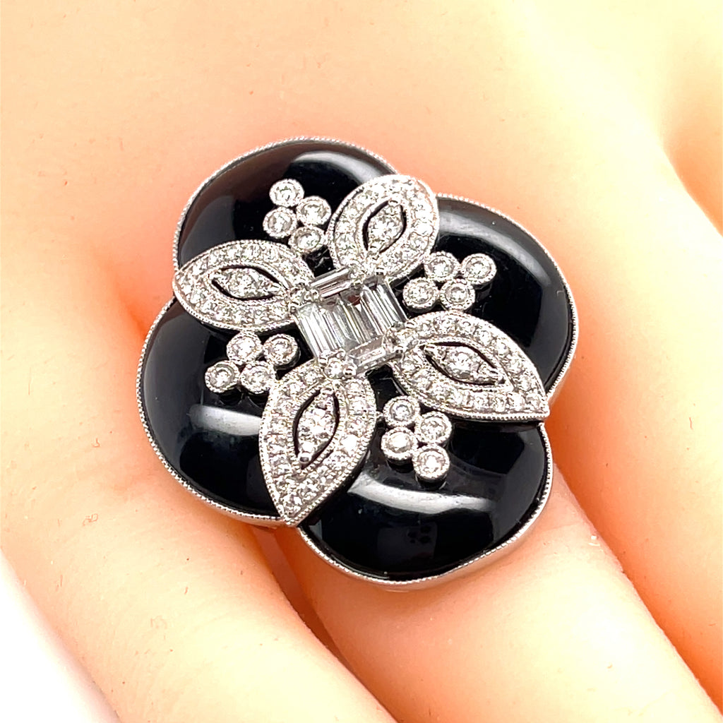 18k White Gold & Black Onyx Plaque Ring w/ 1.65ct Diamonds, Size 7