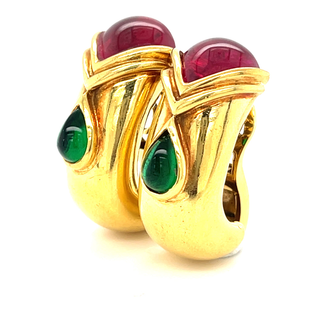 18k Gold Huggie Clip-on Earrings w/ Pink & Green Tourmaline, 22g
