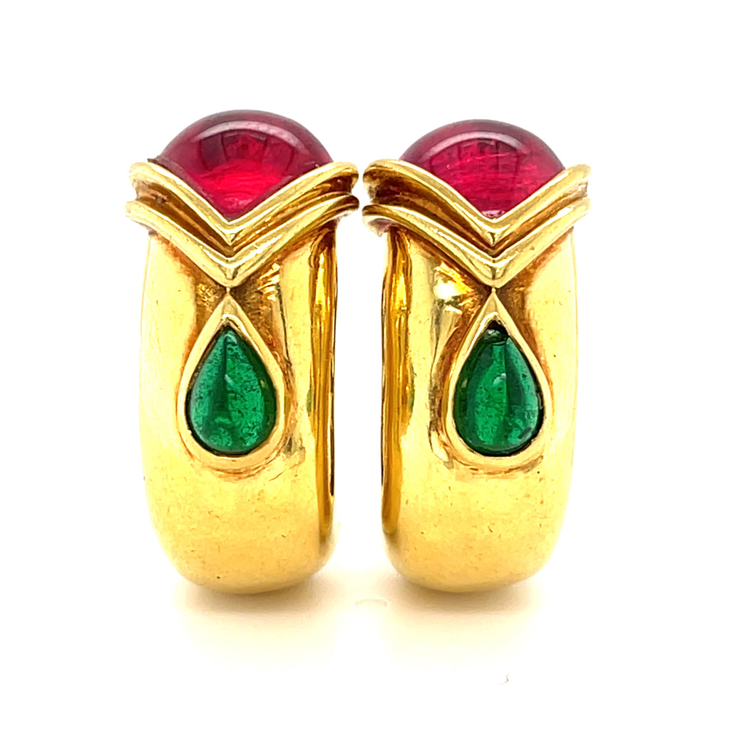 18k Gold Huggie Clip-on Earrings w/ Pink & Green Tourmaline, 22g