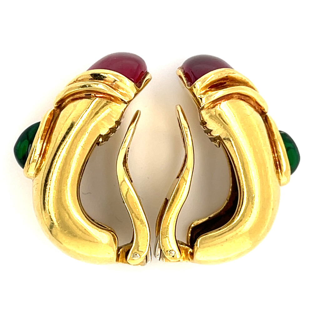 18k Gold Huggie Clip-on Earrings w/ Pink & Green Tourmaline, 22g