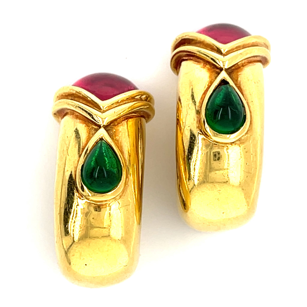 18k Gold Huggie Clip-on Earrings w/ Pink & Green Tourmaline, 22g