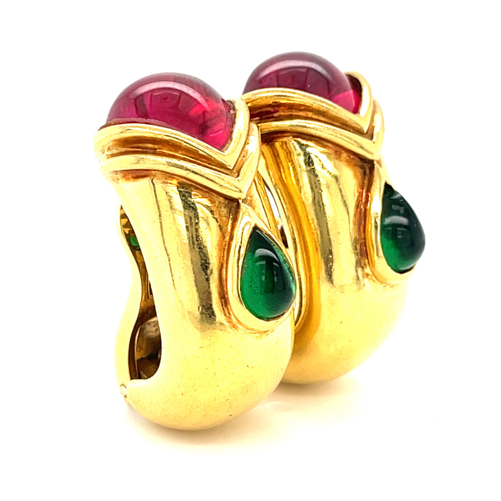 18k Gold Huggie Clip-on Earrings w/ Pink & Green Tourmaline, 22g