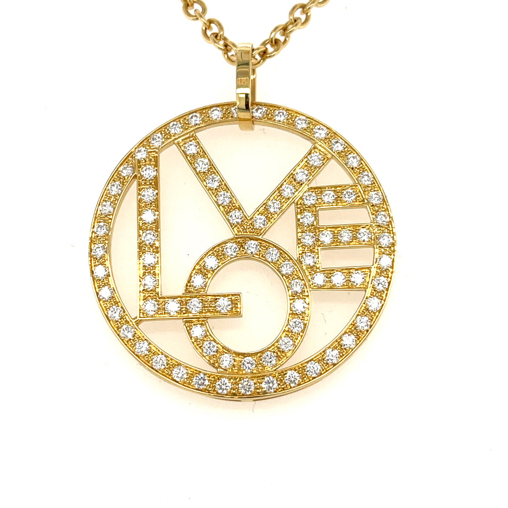 18k Yellow Gold "LOVE" Disk Pendant Necklace w/ 6.96ct Diamond Accents, Length 34"