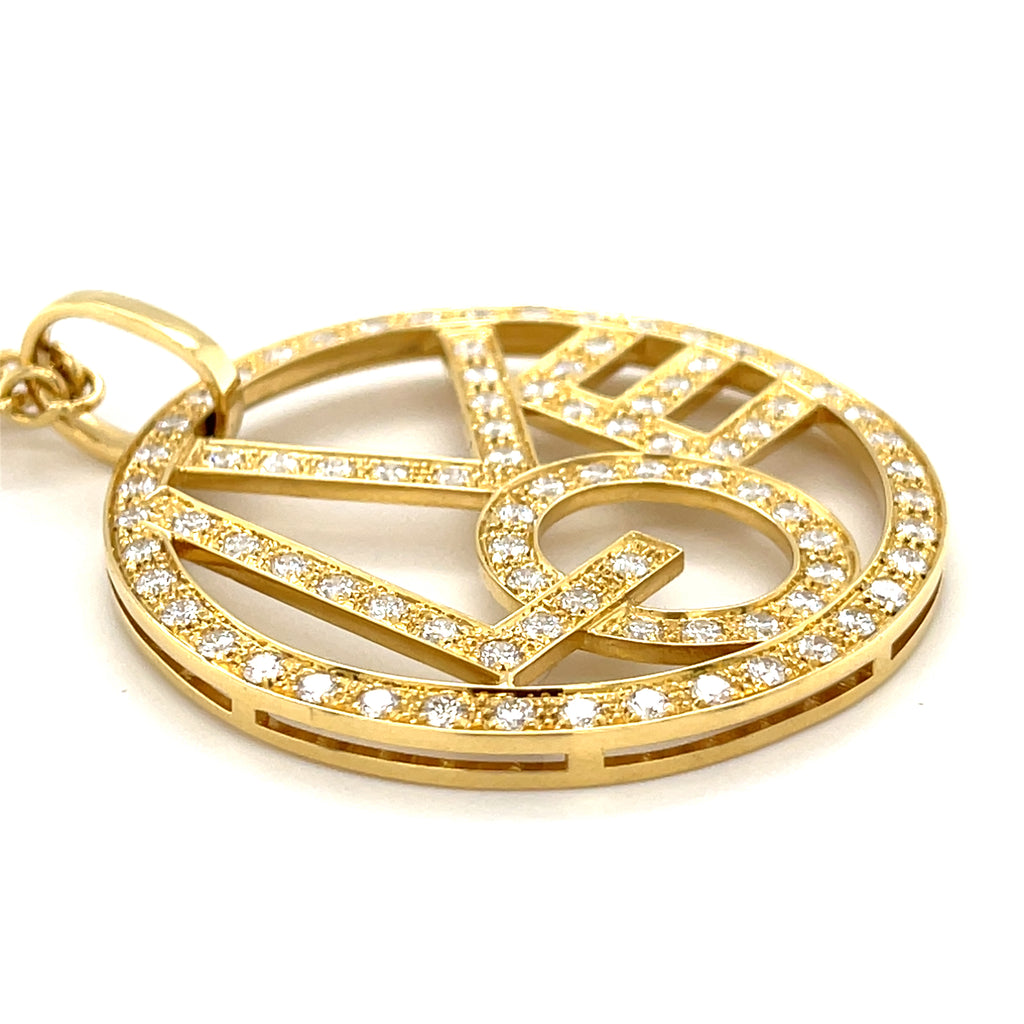 18k Yellow Gold "LOVE" Disk Pendant Necklace w/ 6.96ct Diamond Accents, Length 34"