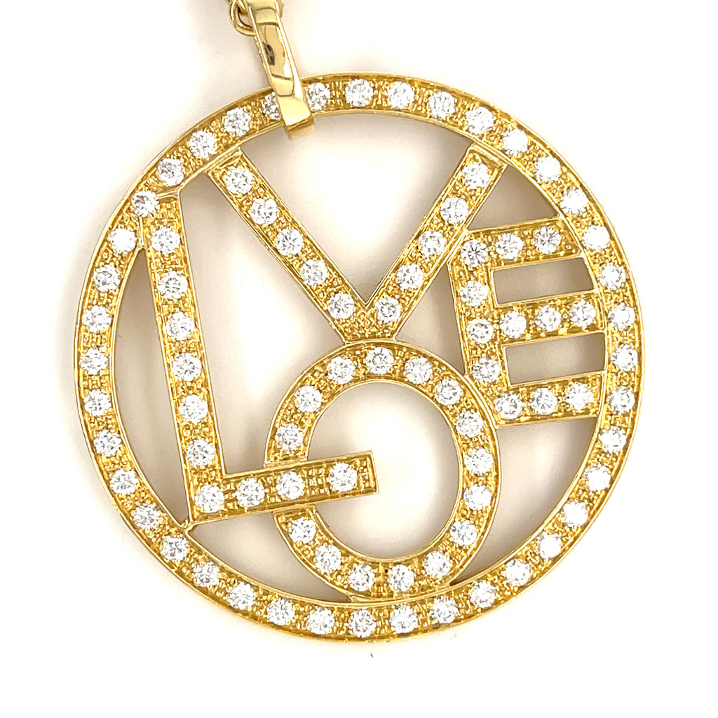 18k Yellow Gold "LOVE" Disk Pendant Necklace w/ 6.96ct Diamond Accents, Length 34"