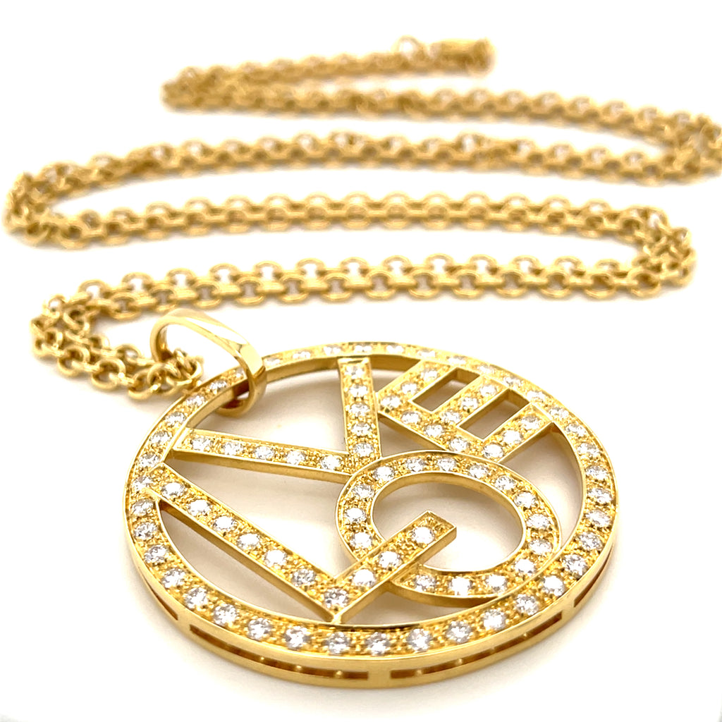 18k Yellow Gold "LOVE" Disk Pendant Necklace w/ 6.96ct Diamond Accents, Length 34"