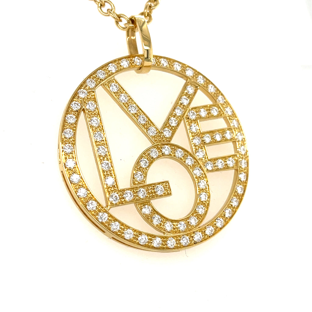 18k Yellow Gold "LOVE" Disk Pendant Necklace w/ 6.96ct Diamond Accents, Length 34"