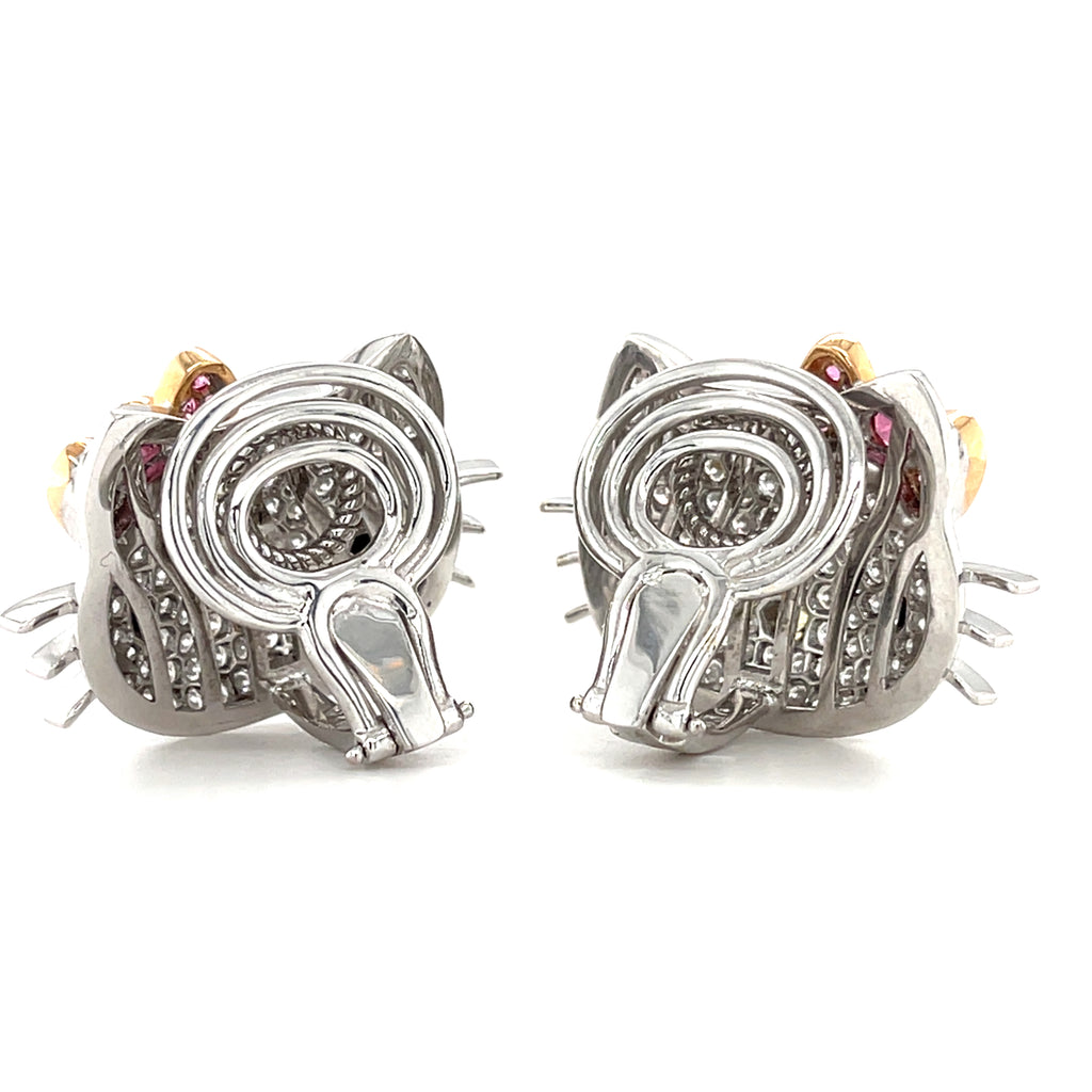 Happy Kitty 18k White Gold & 5.4ct Diamond Huggie Clip-On Cat Earrings, Made in Italy