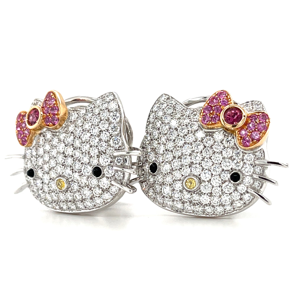 Happy Kitty 18k White Gold & 5.4ct Diamond Huggie Clip-On Cat Earrings, Made in Italy
