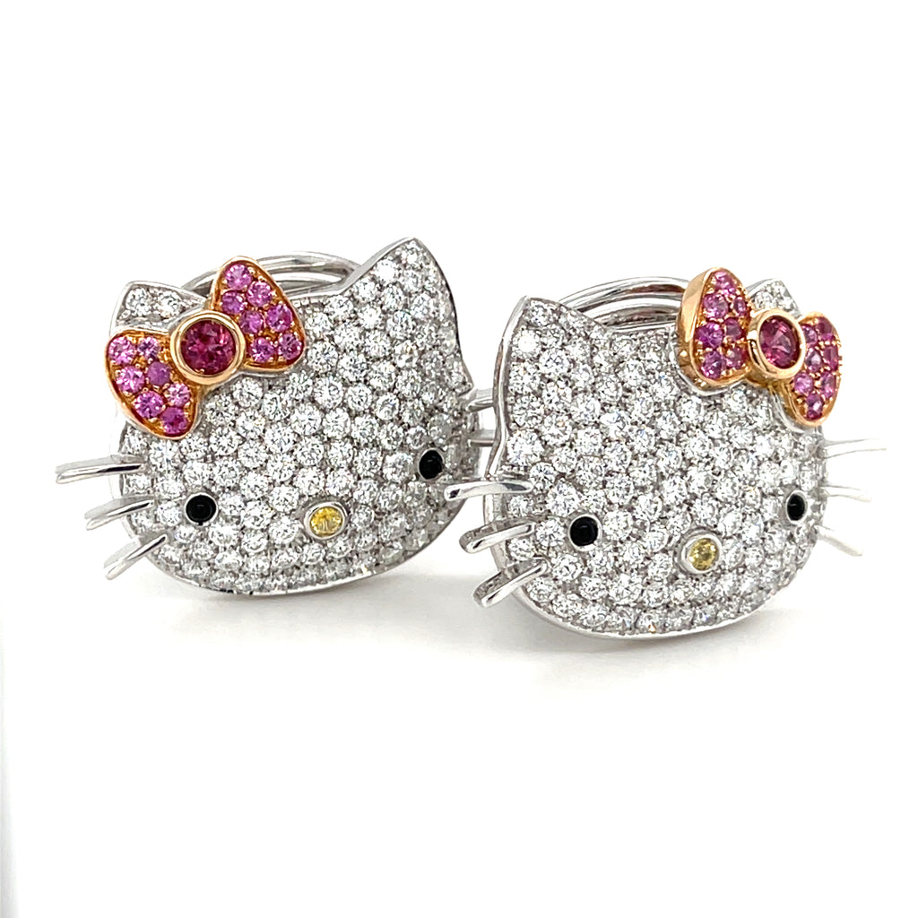 Happy Kitty 18k White Gold & 5.4ct Diamond Huggie Clip-On Cat Earrings, Made in Italy