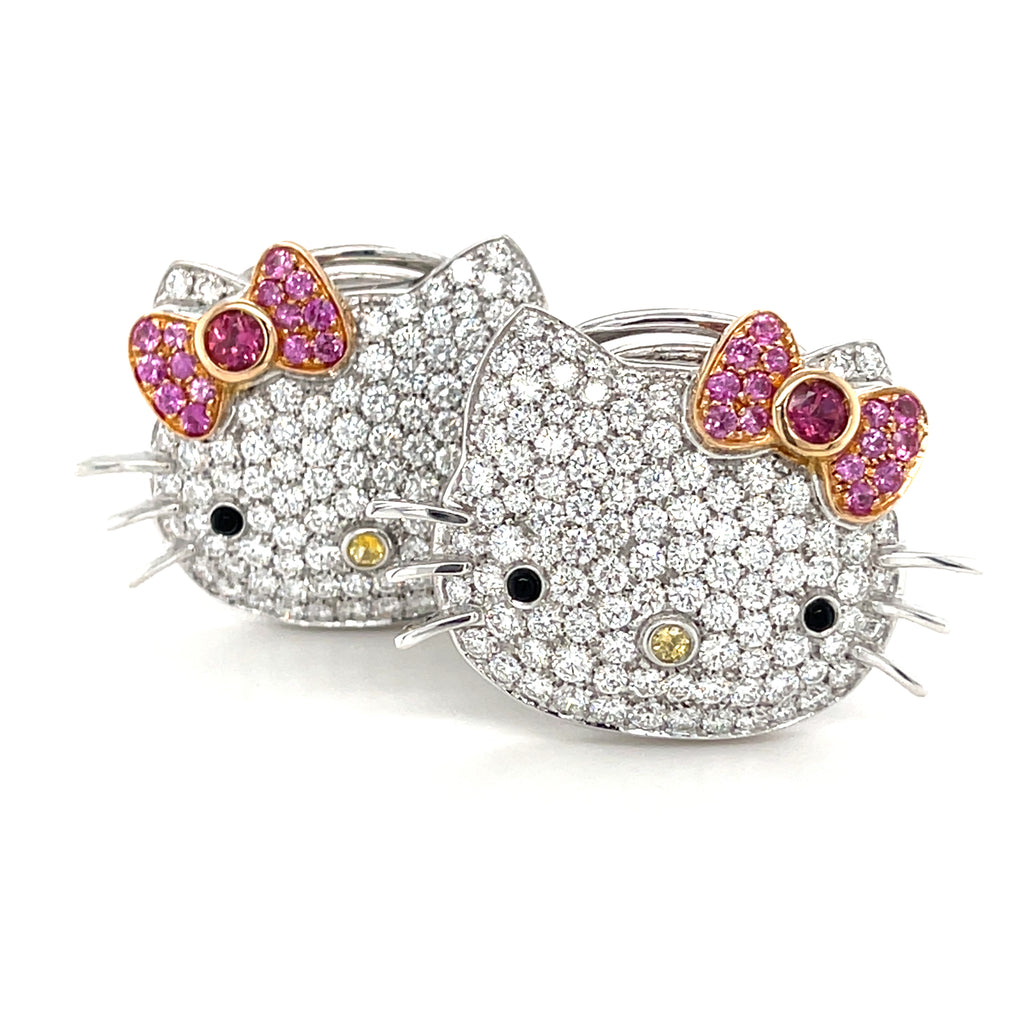 Happy Kitty 18k White Gold & 5.4ct Diamond Huggie Clip-On Cat Earrings, Made in Italy