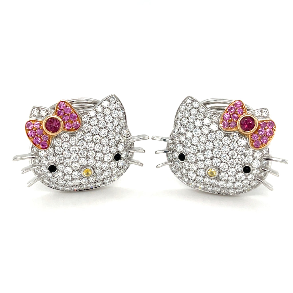 Happy Kitty 18k White Gold & 5.4ct Diamond Huggie Clip-On Cat Earrings, Made in Italy