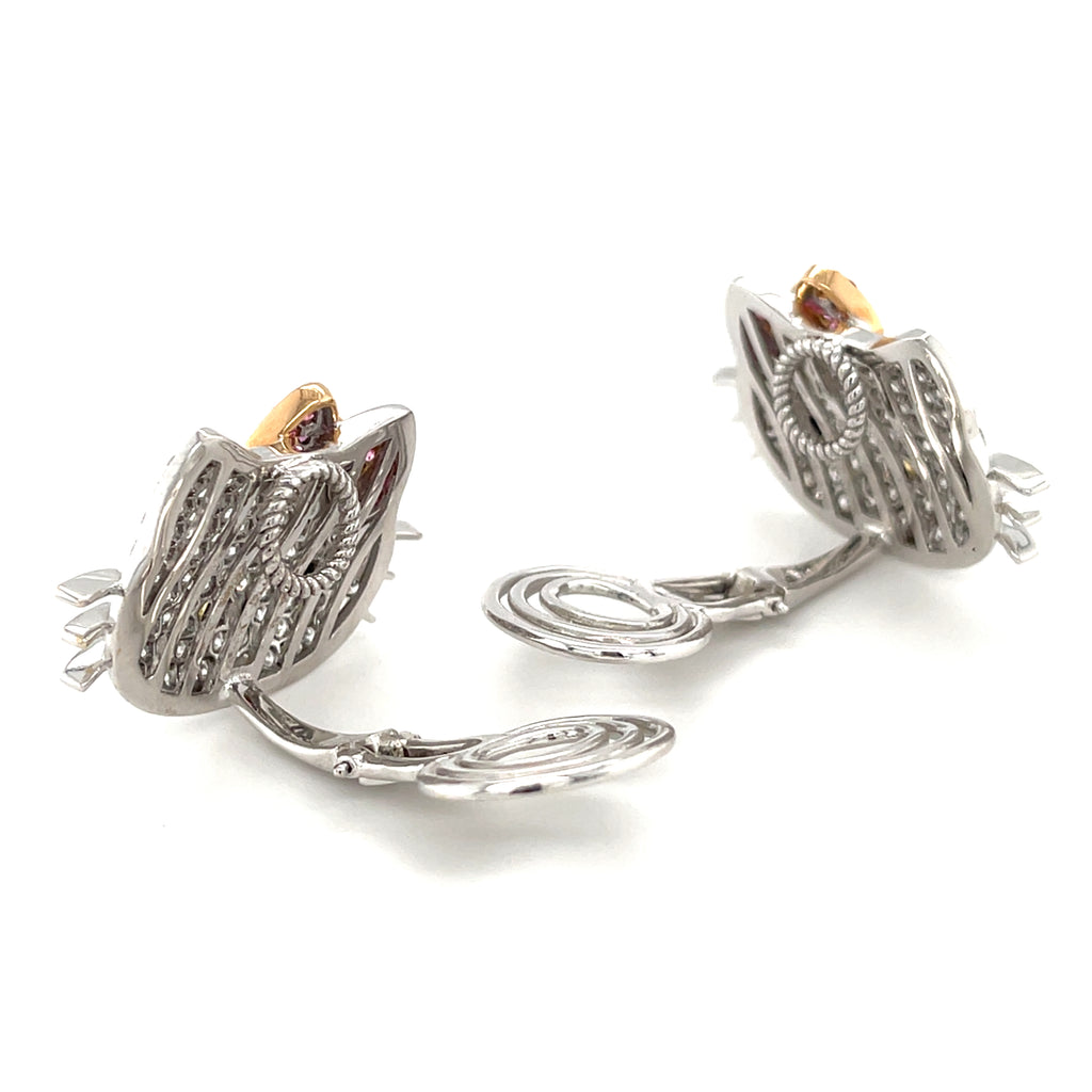 Happy Kitty 18k White Gold & 5.4ct Diamond Huggie Clip-On Cat Earrings, Made in Italy