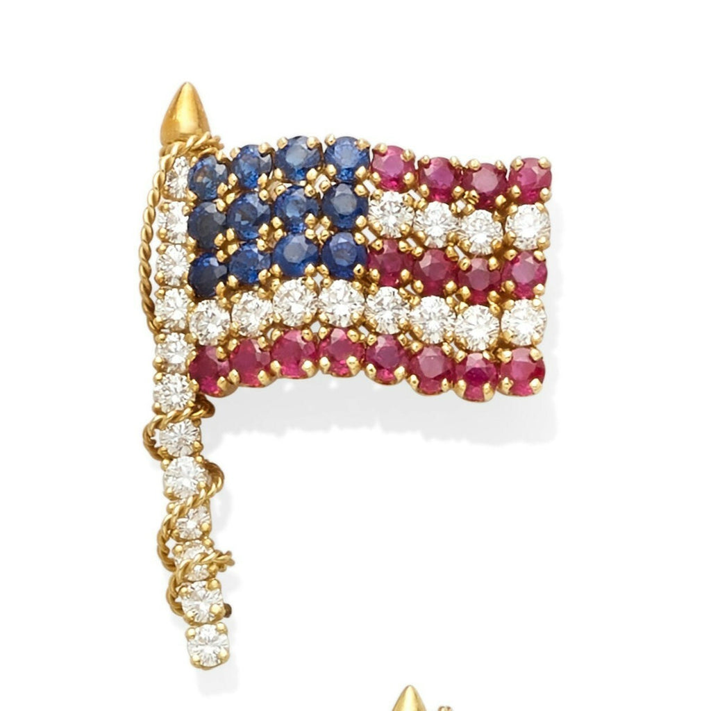 Van Cleef & Arpels 18k Yellow Gold Diamond, Ruby, Sapphire American Flag Brooch