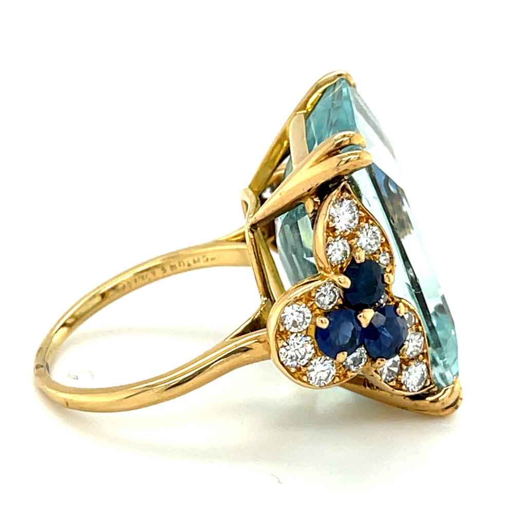 Monture Cartier Vintage Aquamarine Solitaire Ring in 18k Yellow Gold Size 7.5