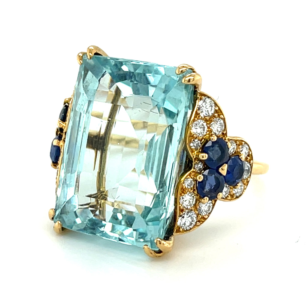 Monture Cartier Vintage Aquamarine Solitaire Ring in 18k Yellow Gold Size 7.5