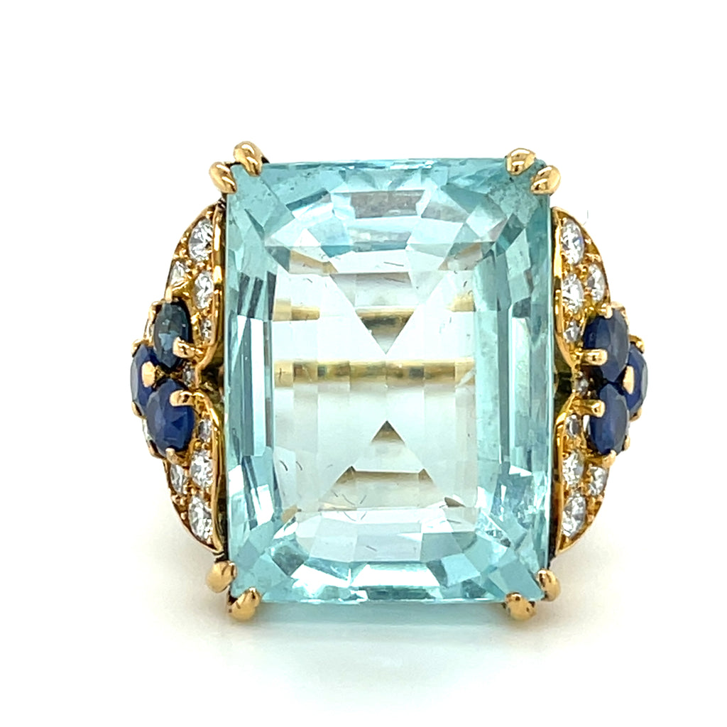 Monture Cartier Vintage Aquamarine Solitaire Ring in 18k Yellow Gold Size 7.5