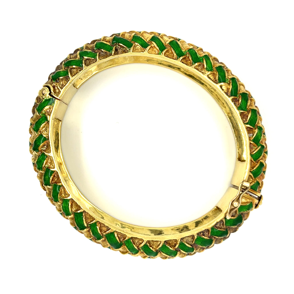 Tiffany & Co. 18k Yellow Gold Green Enamel Harlequin Basketweave Bangle