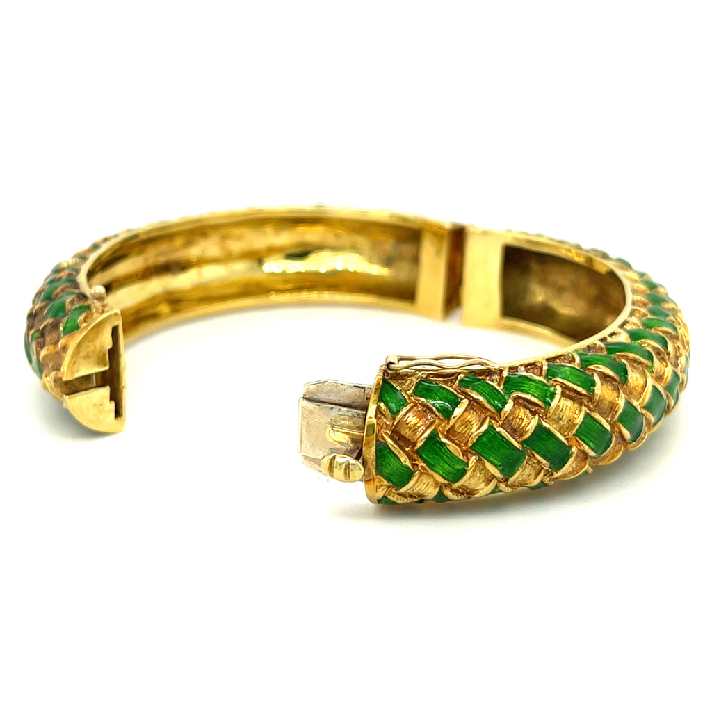 Tiffany & Co. 18k Yellow Gold Green Enamel Harlequin Basketweave Bangle