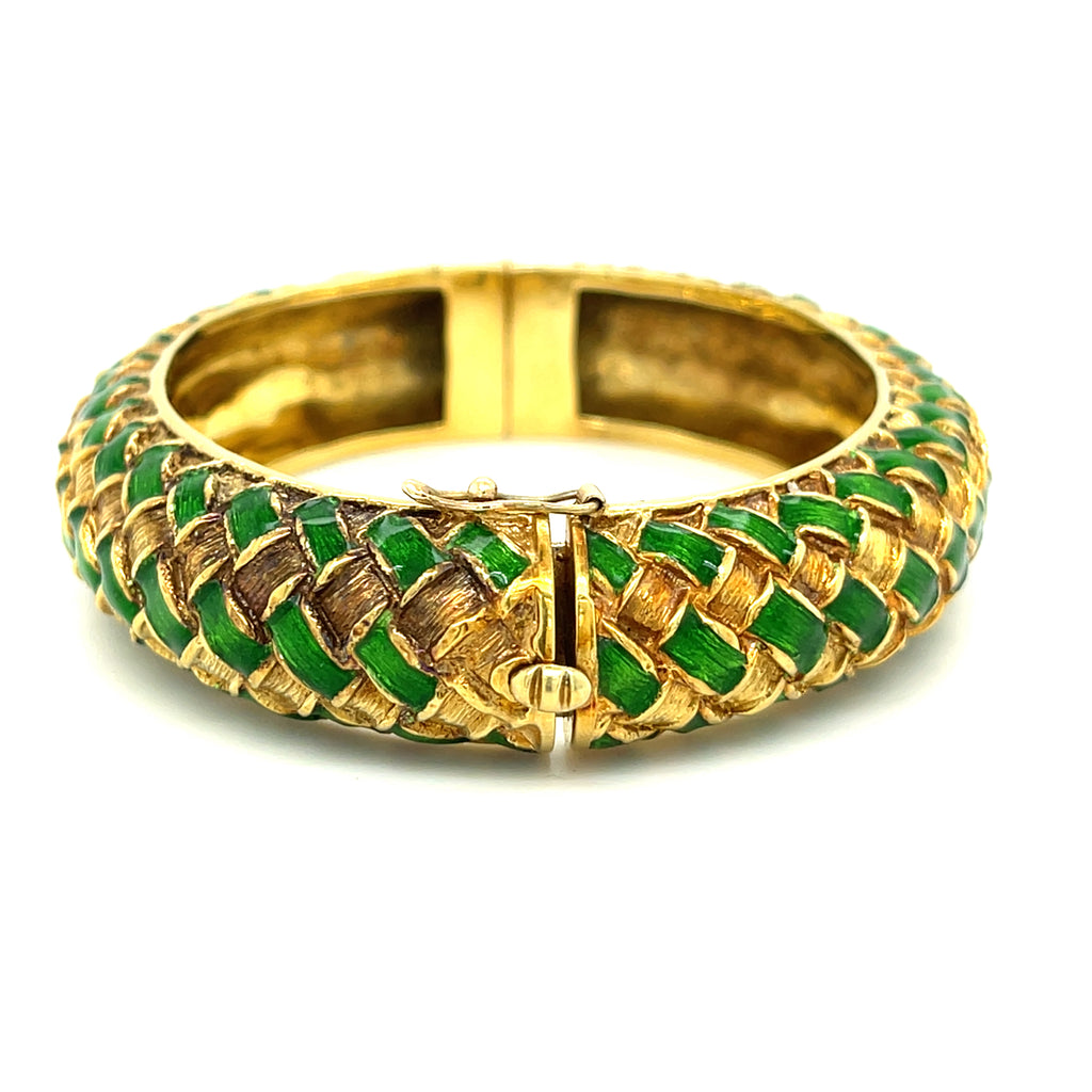 Tiffany & Co. 18k Yellow Gold Green Enamel Harlequin Basketweave Bangle