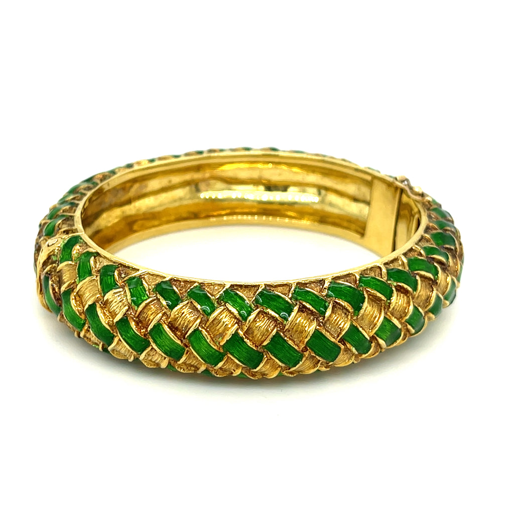 Tiffany & Co. 18k Yellow Gold Green Enamel Harlequin Basketweave Bangle