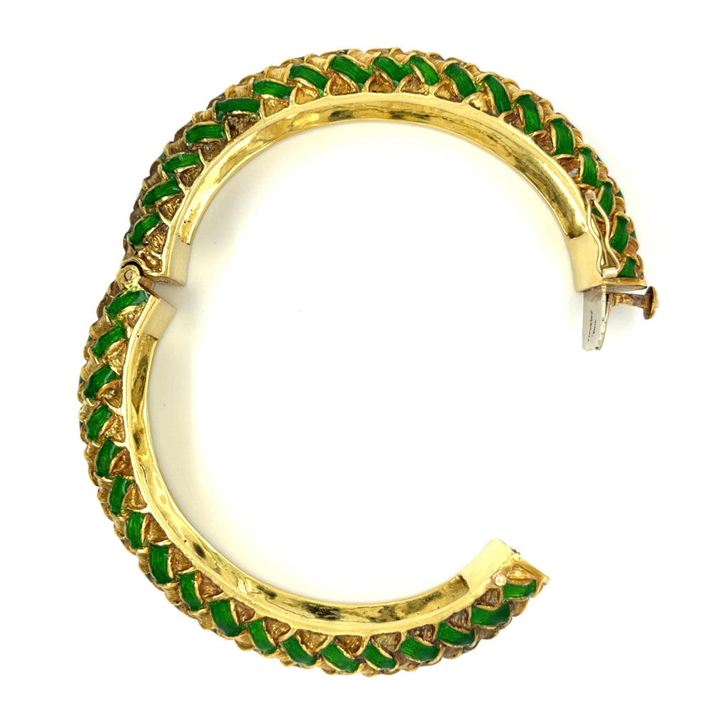Tiffany & Co. 18k Yellow Gold Green Enamel Harlequin Basketweave Bangle