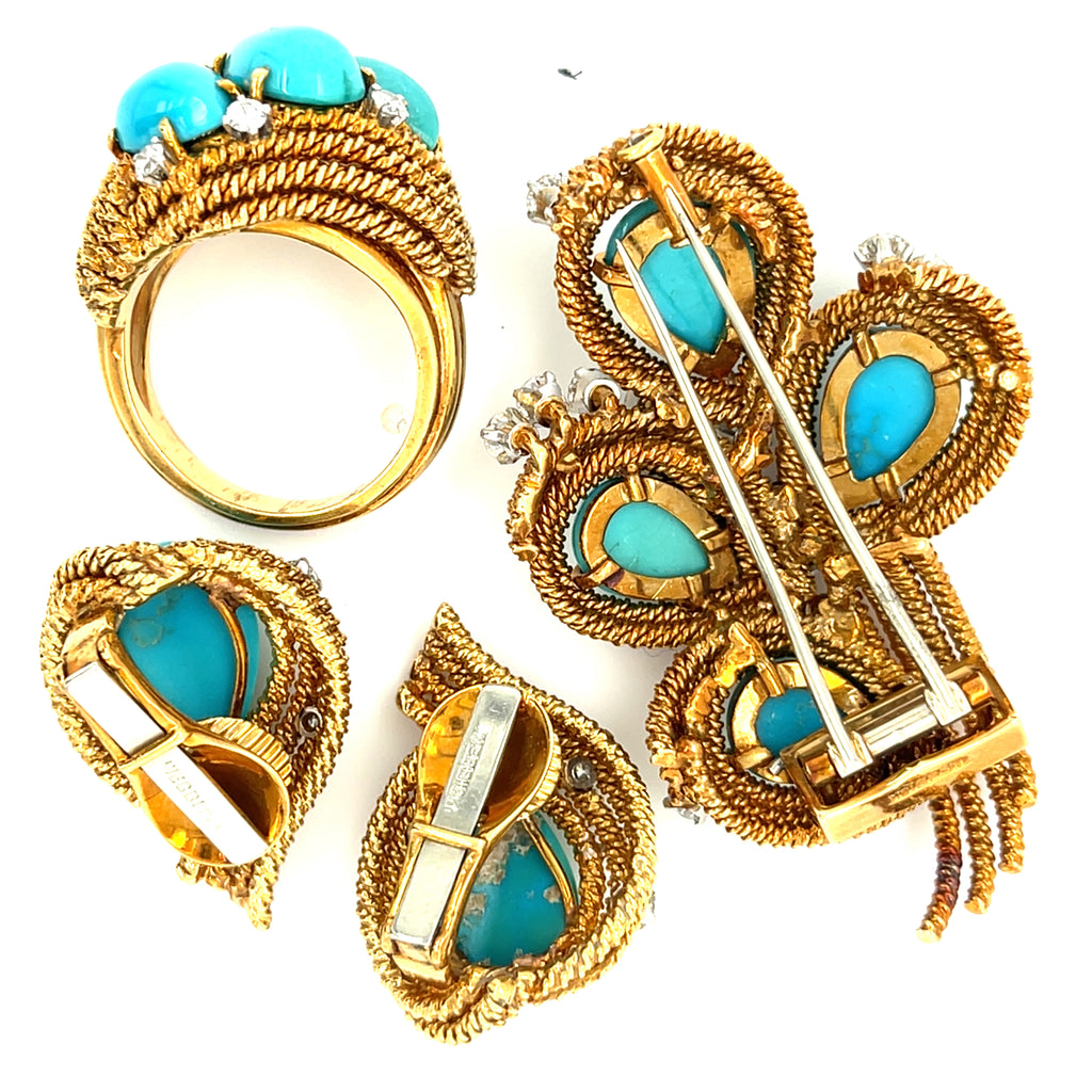 David Webb 18k Rose Gold Turquoise and Diamond Jewelry Suite