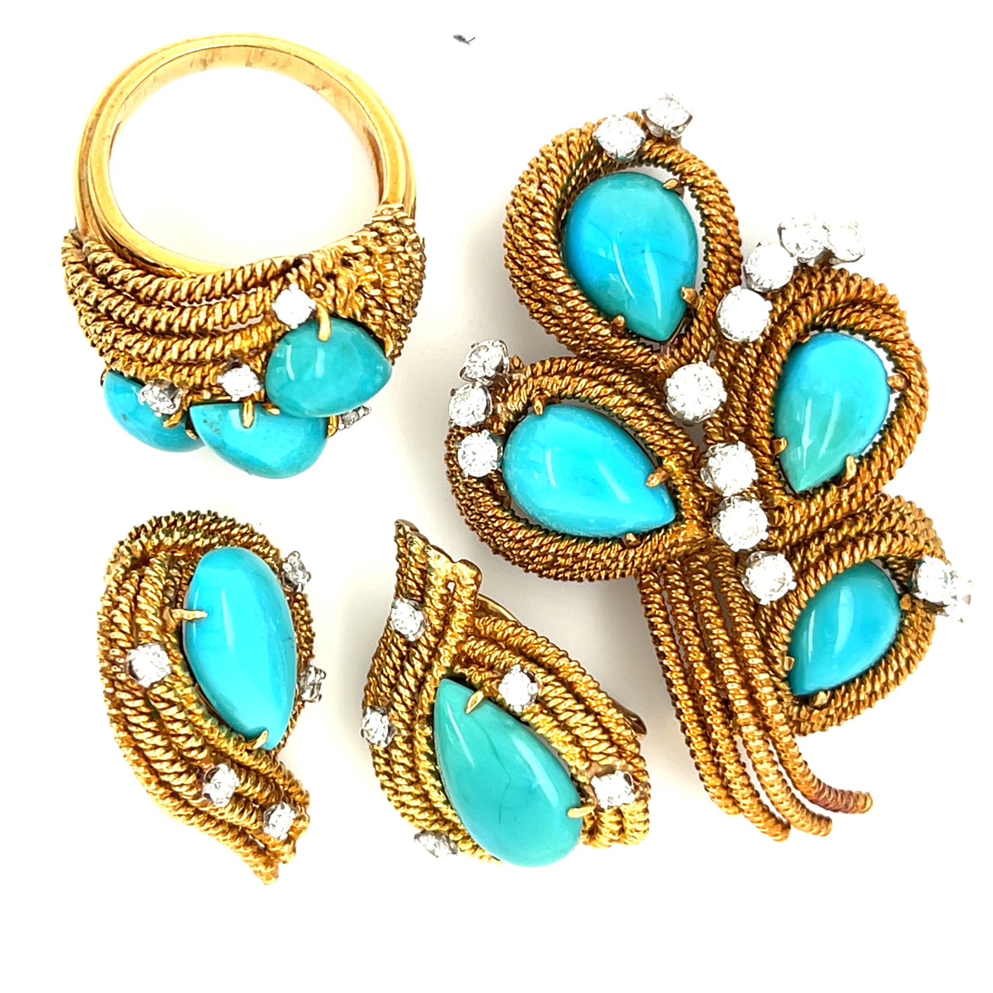 David Webb 18k Rose Gold Turquoise and Diamond Jewelry Suite