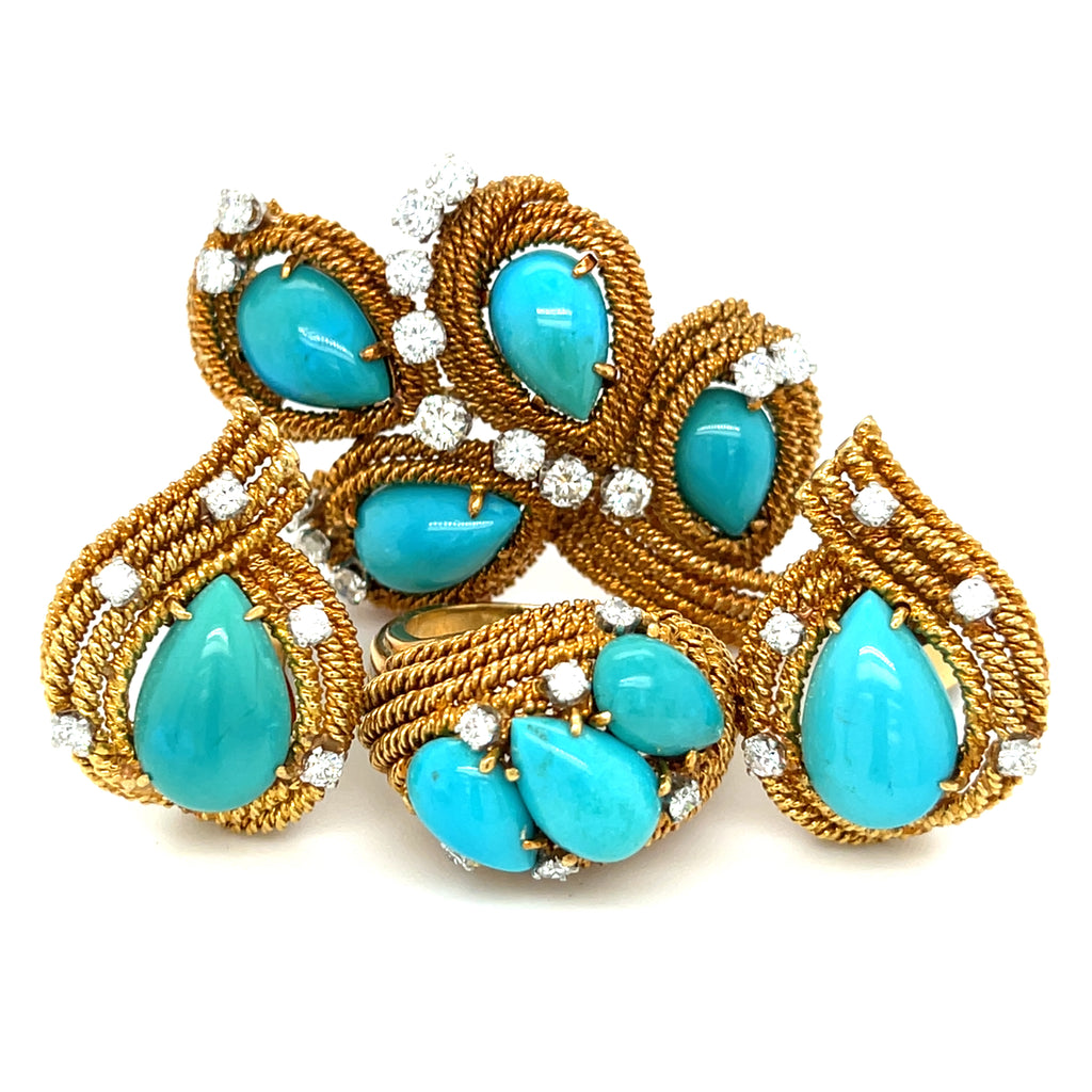 David Webb 18k Rose Gold Turquoise and Diamond Jewelry Suite
