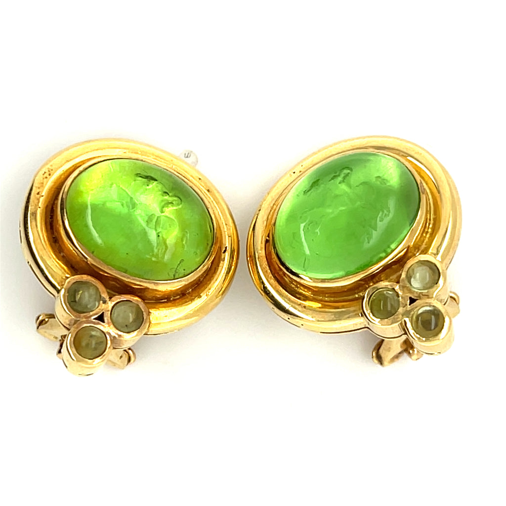 Elizabeth Locke 18k Yellow Gold Green Glass Intaglio and Peridot Accent Earrings