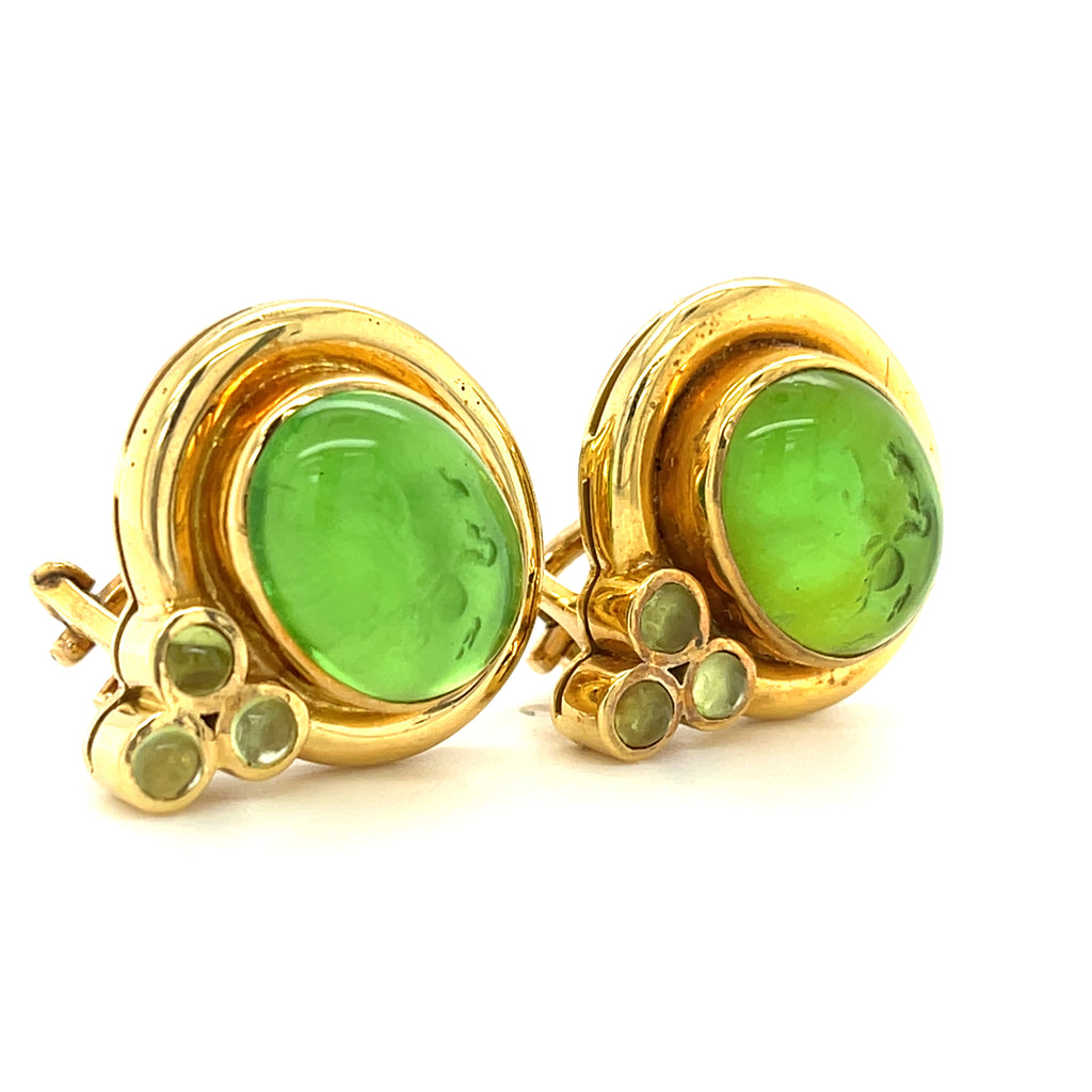 Elizabeth Locke 18k Yellow Gold Green Glass Intaglio and Peridot Accent Earrings